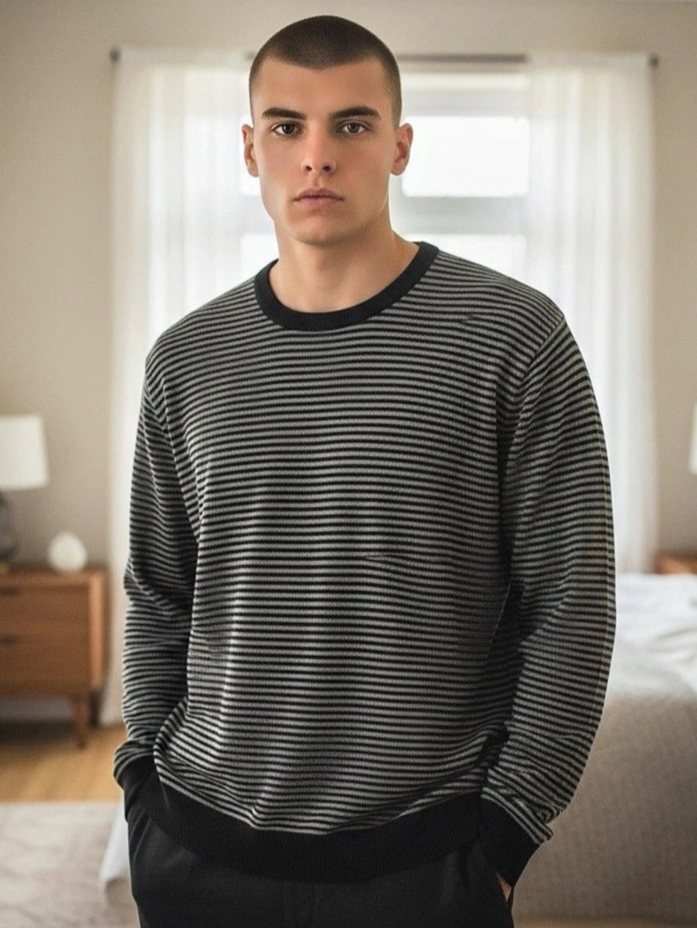 Michael Kors Men's Striped Crewneck Sweater in Black & Gray